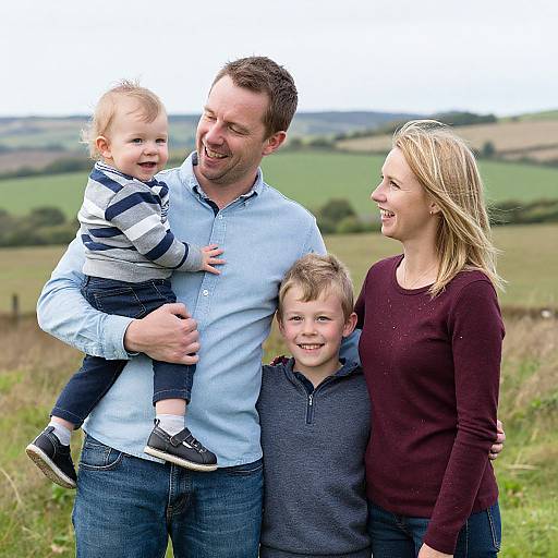 Photograph of a smiling family outdoors: father in light blue shirt holding baby, mother in maroon sweater, and son in gray hoodie, standing in