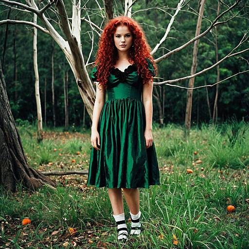 Woman in Green Dress with Red Curly Hair in Forest