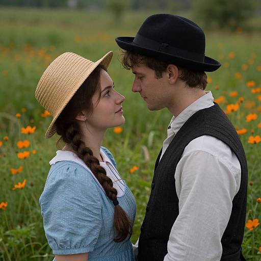 Photograph of a young couple in traditional attire, facing each other in a vibrant orange flower field, with the woman in a straw hat and the man