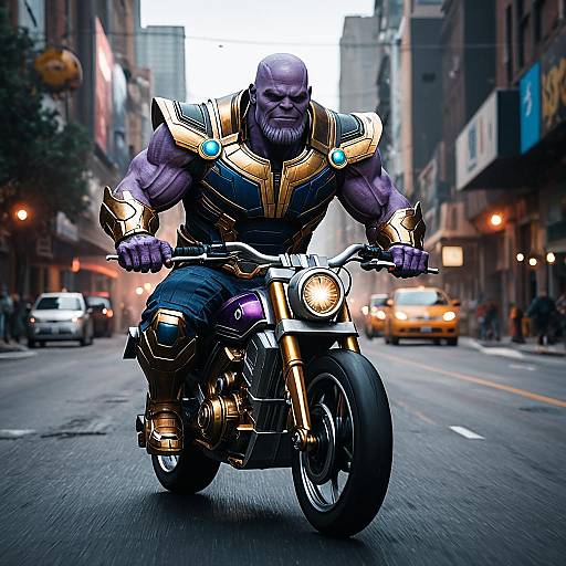 Thanos Riding Motorcycle in Urban Street