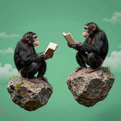 Two realistic, black-furred baby chimpanzees reading books on floating rocks against a green sky with white clouds. Digital artwork.