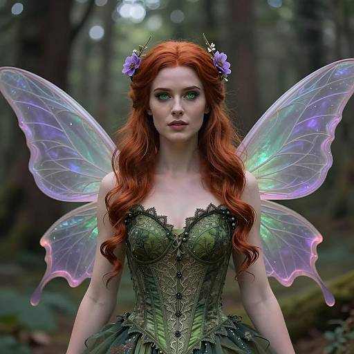 Woman in Dark Green Fairy Costume with Iridescent Wings