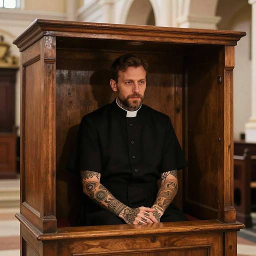 Tattooed Catholic Priest in Confessional