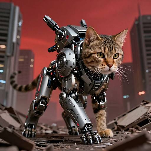 CGI image of a robotic, cybernetic cat with metallic limbs, standing on a rubble-strewn street, against a red, futuristic city