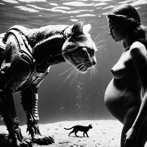 Futuristic Pregnant Woman and Cyborg Cat Underwater