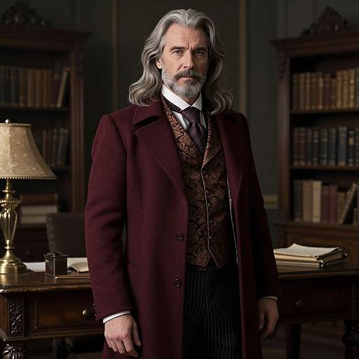Photograph of a middle-aged man with long gray hair and beard, wearing a dark burgundy overcoat, patterned vest, and striped trousers,