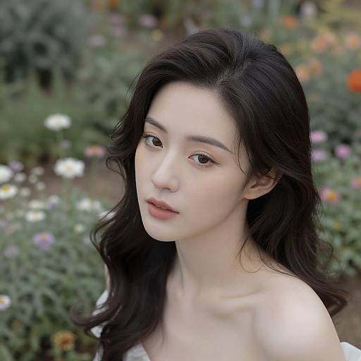 Photograph of a beautiful Asian woman with long, wavy black hair, fair skin, and delicate features, standing in a colorful, floral garden background