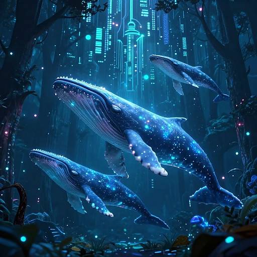 Bioluminescent Whales in Inverted Forest