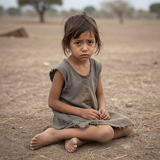Photograph of a young, sad-faced girl with dark, messy hair, wearing a tattered gray sleeveless dress, sitting cross-legged on dry,