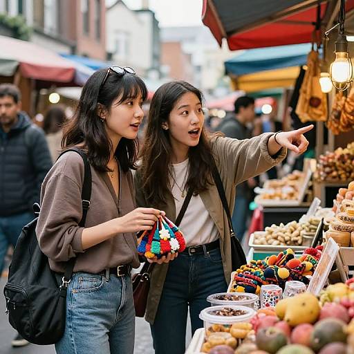 Photograph of two Asian women, one with sunglasses, standing at a vibrant street market, pointing at food, surrounded by colorful stalls.