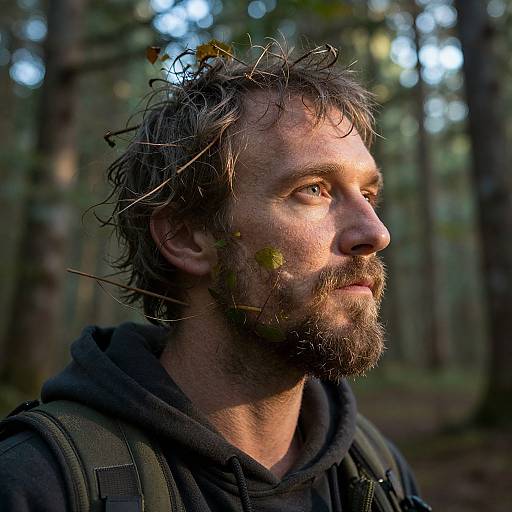 Photograph of a rugged, bearded man with messy hair, forest leaves in hair and beard, wearing a black hoodie, looking upward in a sun