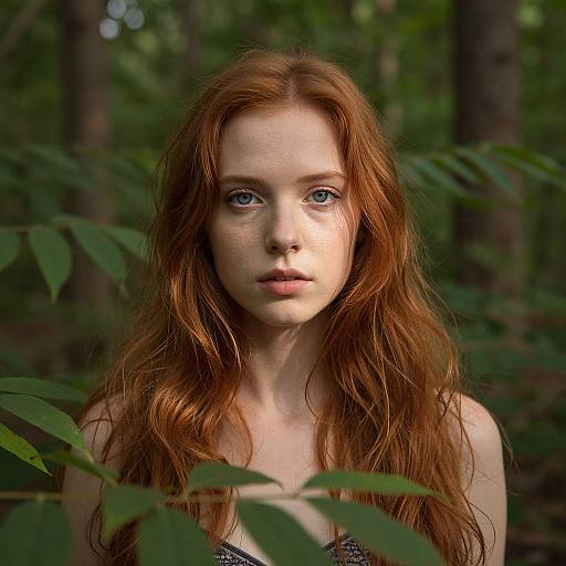 Photograph of a fair-skinned, red-haired woman with blue eyes, standing in a lush green forest, surrounded by leafy plants. She gaz