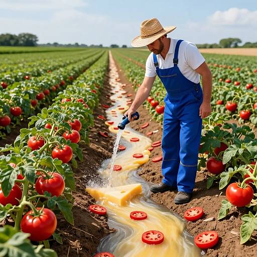 Photograph of a farmer in blue overalls and straw hat, using a knife to pick tomatoes, with a stream of juice flowing between rows.