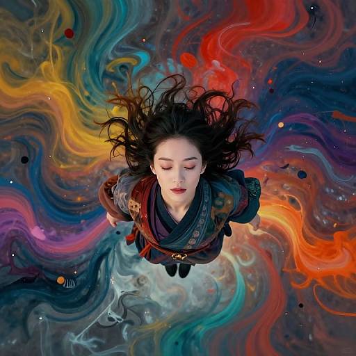 Digital art of a serene, fair-skinned woman with black hair floating above a vibrant, swirling mix of red, blue, yellow, and purple cosmic