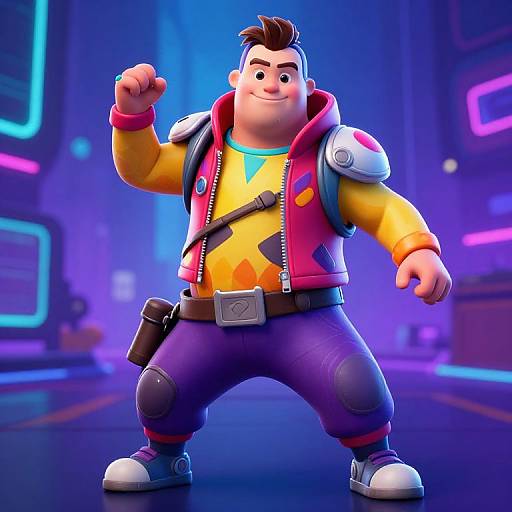 CGI cartoon of a muscular, smiling man with short brown hair, wearing a yellow shirt, pink vest, purple pants, white shoes, and shoulder