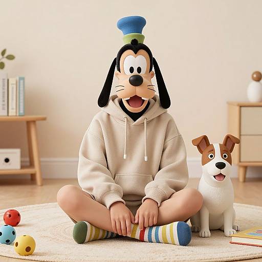 CGI image of Goofy in a beige hoodie and colorful socks, sitting cross-legged on a rug with a happy white dog. Background: cozy