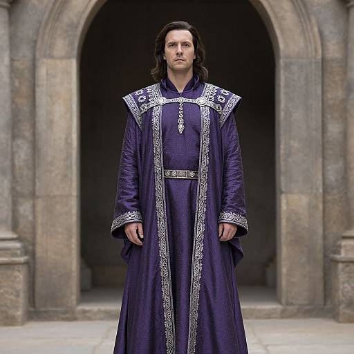 Photograph of a serious-looking man with long brown hair, wearing an ornate, deep purple medieval robe, standing in front of a stone archway