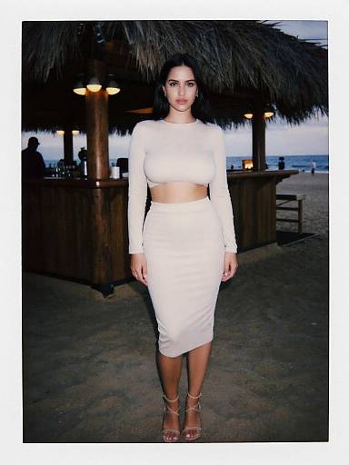 Photograph of a woman with dark hair, medium skin tone, wearing a white, long-sleeve, crop-top and high-waisted,
