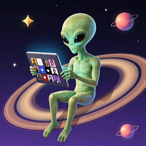 Digital artwork of a green, alien-like creature with large black eyes, sitting on a glowing ring in space, using a tablet with social media icons.