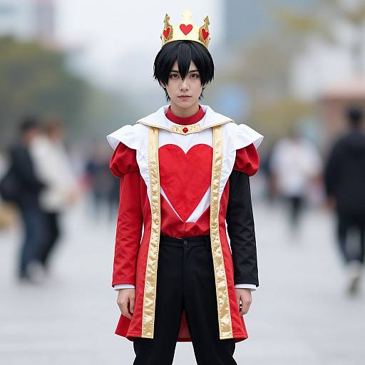 Photograph of a young Asian man in a red and white king costume with a heart emblem, black pants, and a crown with red hearts, standing