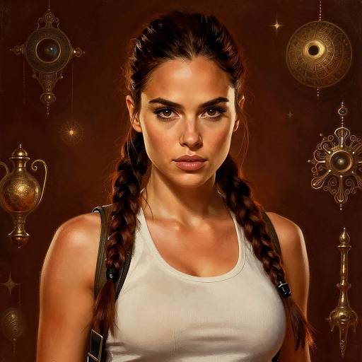 Digital art of a serious, attractive woman with braided brown hair, wearing a white tank top, against a dark background with ornate, golden jewelry