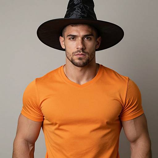 Photograph of a muscular, bearded man in an orange t-shirt and black witch hat, standing against a plain gray background.