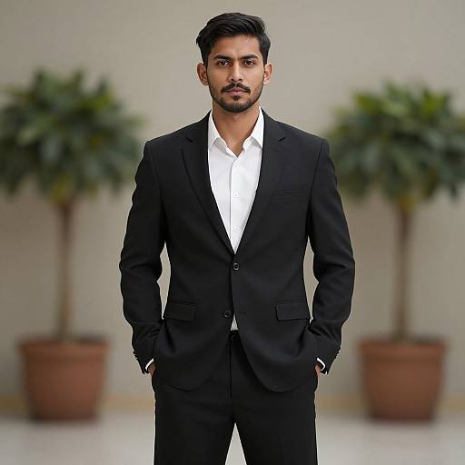 Photograph of a handsome South Asian man with short black hair and beard, wearing a black suit with white shirt, hands in pockets, standing in front