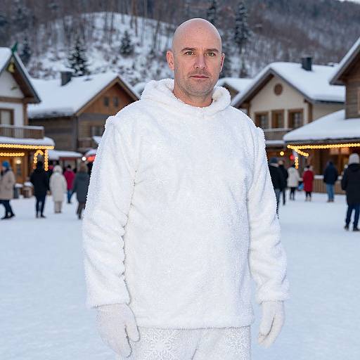 Photograph of a bald, middle-aged man in a white, fluffy winter coat standing in a snowy village with wooden chalets and people in the background