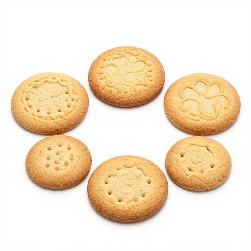 Photograph of six round, golden-brown, textured cookies with various embossed patterns, arranged in a circular formation on a white background.