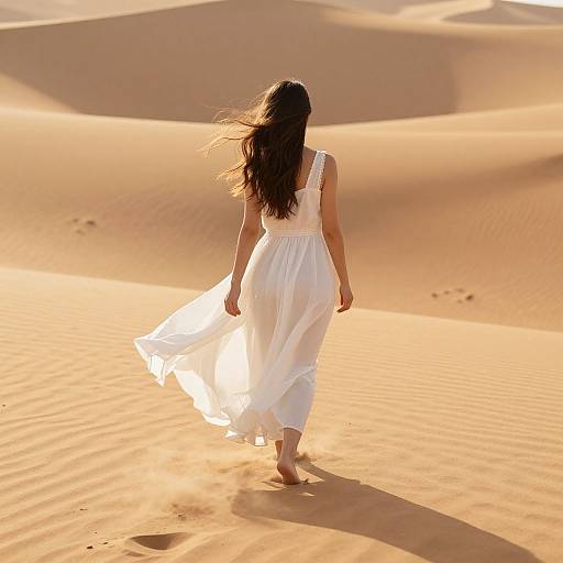Photograph of a woman with long brown hair, wearing a white, sleeveless, flowing dress, walking barefoot in a sunlit desert with rip