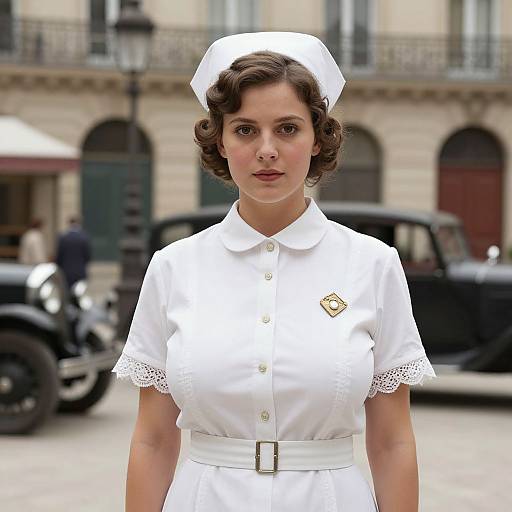 Photograph of a young woman with short brown hair, wearing a white nurse uniform with a cap, lace sleeves, and belt, standing in front of