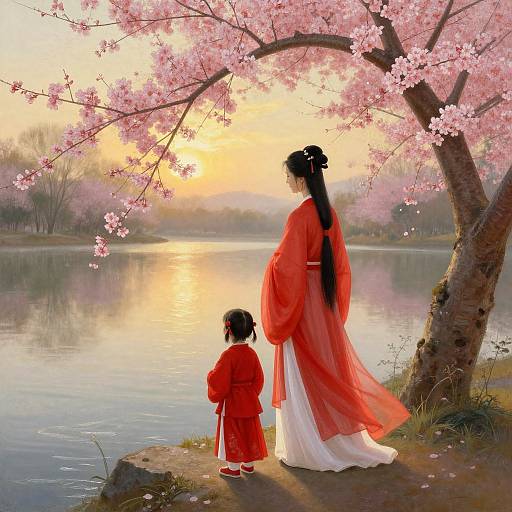 Digital painting of an Asian woman and child in red kimonos, standing under pink cherry blossoms by a reflective lake at sunset.