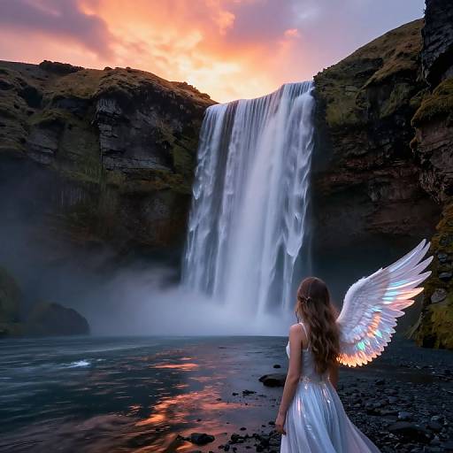 Photograph of a woman with white angel wings, long brown hair, wearing a silver dress, standing before a majestic waterfall at sunset, surrounded by dark