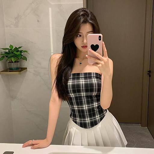 Woman Taking Mirror Selfie in Black and White Outfit