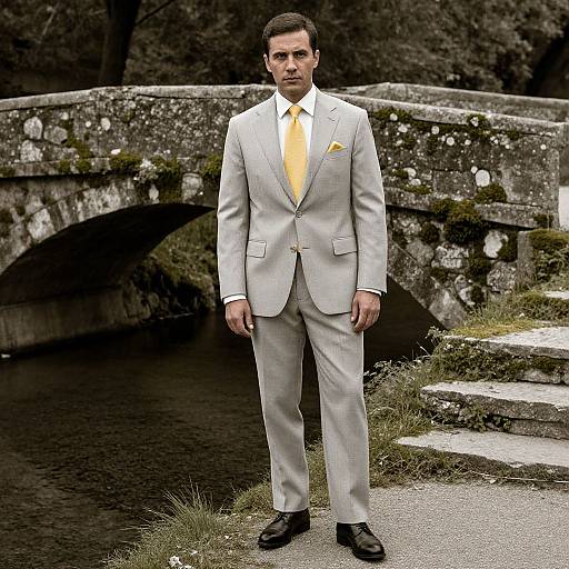 Photograph of a serious, dark-haired man in a light gray suit, yellow tie, and pocket square, standing in front of a mossy stone