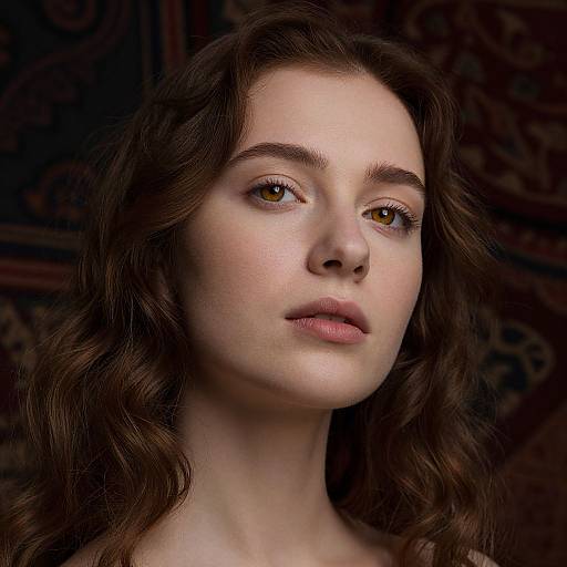 Photorealistic portrait of a young woman with fair skin, brown wavy hair, and green eyes, looking slightly to the right. Dark, intric