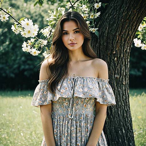 Woman in Floral Off-Shoulder Summer Dress Outdoors