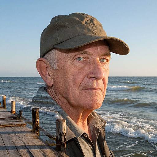 Photograph of an elderly white man with wrinkled skin, wearing a green cap and black shirt, standing on a wooden pier by the ocean at sunset
