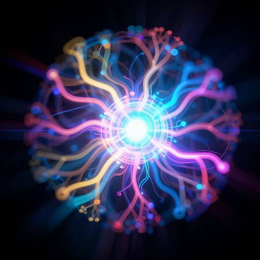 Digital artwork of a glowing, neon blue and pink abstract sphere with swirling, multicolored lines radiating from a bright white center against a dark background