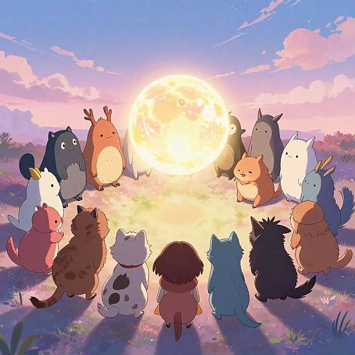 Digital illustration of twelve cute, colorful, round-eyed, cartoonish animals sitting in a circle, watching a bright sunset in a grassy field.