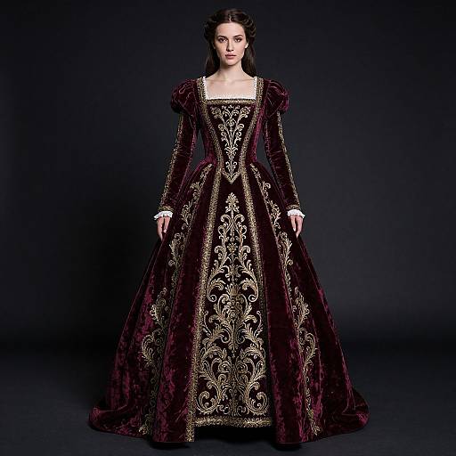 Photograph of a pale-skinned woman with dark hair wearing a full-length, deep burgundy velvet gown with elaborate gold embroidery and puffed sleeves,