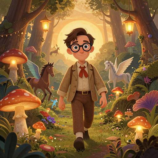 Whimsical digital illustration: glasses-wearing boy in brown suit, red bowtie, walking through enchanted forest with glowing mushrooms, fairies, unic