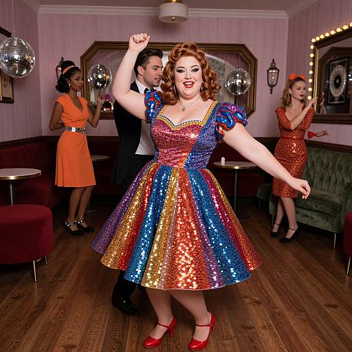 Photograph of a red-haired woman in a colorful sequin dress and red heels, dancing in a retro-style bar with three other women and a man