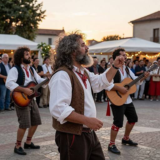 Photograph of three bearded men in traditional white shirts, brown vests, and checkered pants playing guitars outdoors at sunset, with a crowd under white