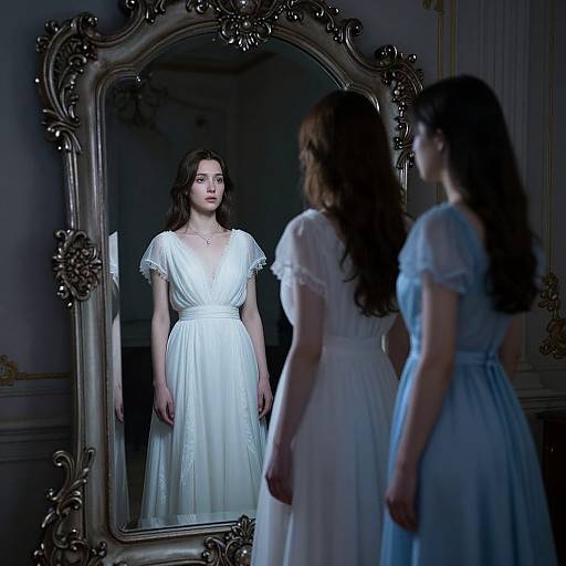 Photograph: Young woman with long brown hair, wearing white dress, stands before ornate mirror, reflected image shows her front, dimly lit elegant
