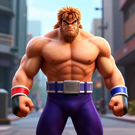 CGI image of a muscular, angry-looking, shirtless man with red hair and beard, wearing blue pants, red and blue wristbands, and