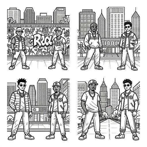 Black-and-white digital line drawing of six urban, anime-style men interacting in a cityscape; they wear casual clothes and converse while standing in front of