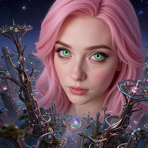 Digital artwork of a woman with pink hair and green eyes, surrounded by futuristic, glowing cityscapes and metallic tree structures.