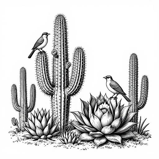 Black-and-white ink drawing of two birds perched on cacti and a succulent, with various cacti in the background.