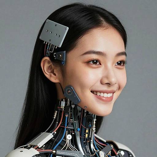Photograph of an Asian woman with long black hair, smiling, wearing a cybernetic neck device with wires and metal components.